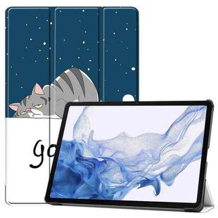 For Samsung Galaxy Tab S9 Custer Painted 3-Fold Holder Smart Leather Tablet Case(Lazy Cat)