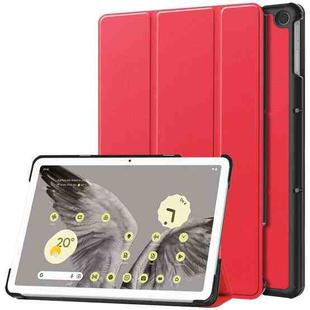 For Google Pixel Tablet Custer Pure Color 3-Fold Holder Smart Leather Tablet Case(Red)