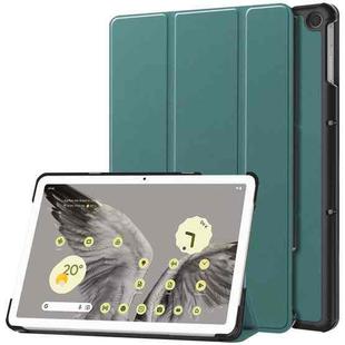 For Google Pixel Tablet Custer Pure Color 3-Fold Holder Smart Leather Tablet Case(Dark Green)