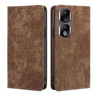 For Honor 90 Pro 5G RFID Anti-theft Brush Magnetic Leather Phone Case(Brown)