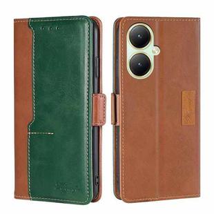 For vivo Y35+ 5G Contrast Color Side Buckle Leather Phone Case(Light Brown + Green)