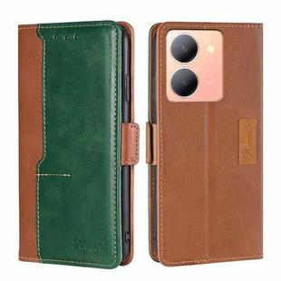 For vivo Y78 5G Contrast Color Side Buckle Leather Phone Case(Light Brown + Green)