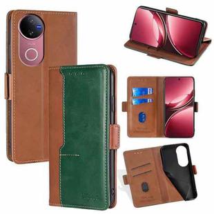 For vivo V50 5G Contrast Color Side Buckle Leather Phone Case(Light Brown + Green)