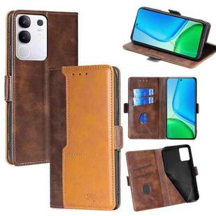 For vivo Y29 4G Global Contrast Color Side Buckle Leather Phone Case(Dark Brown + Gold)