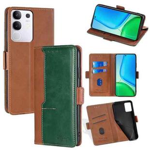 For vivo Y29 4G Global Contrast Color Side Buckle Leather Phone Case(Light Brown + Green)