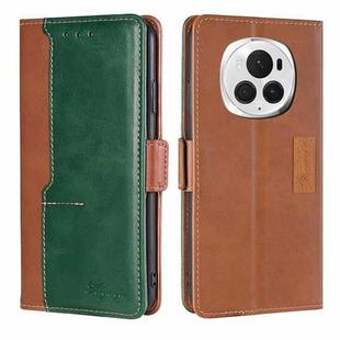 For Honor Magic6 Pro Contrast Color Side Buckle Leather Phone Case(Light Brown + Green)