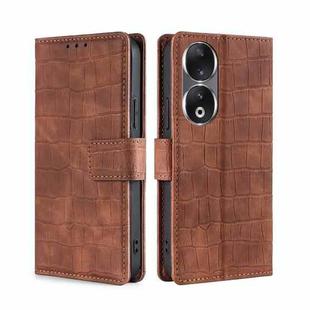 For Honor 90 5G Skin Feel Crocodile Magnetic Clasp Leather Phone Case(Brown)