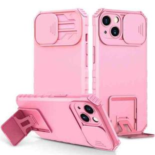 For iPhone 15 Plus Stereoscopic Holder Sliding Camshield Phone Case(Pink)