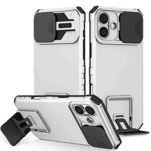 For iPhone 16 Stereoscopic Holder Sliding Camshield Phone Case(White)