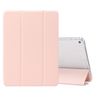 For iPad mini (2019) / mini 4 3-folding Electric Pressed Skin Texture Horizontal Flip Shockproof Transparent TPU + PU Leather Case with Holder & Pen Slot & Sleep / Wake-up Function(Light Pink)