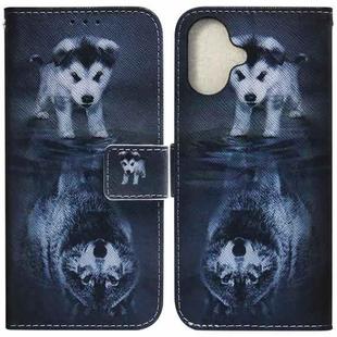 For iPhone 16 Plus Coloured Drawing Flip Leather Phone Case(Wolf and Dog)