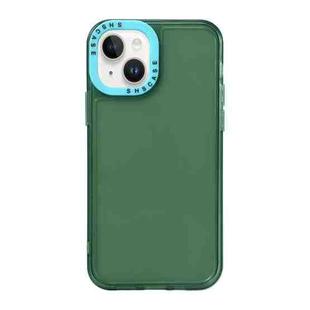 For iPhone 14 Color Contrast Lens Frame Transparent TPU Phone Case(Green + Sky Blue)