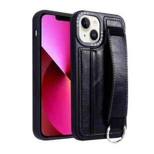 For iPhone 13 Photo Frame Card Wallet Wrist Strap Holder Back Cover Phone Case(Black)