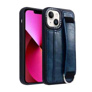 For iPhone 13 Photo Frame Card Wallet Wrist Strap Holder Back Cover Phone Case(Royal Blue)