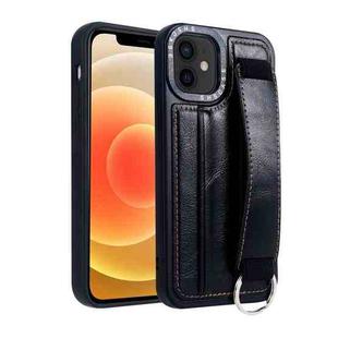 For iPhone 12 Photo Frame Card Wallet Wrist Strap Holder Back Cover Phone Case(Black)