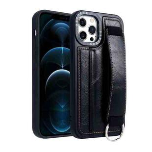 For iPhone 12 Pro Max Photo Frame Card Wallet Wrist Strap Holder Back Cover Phone Case(Black)