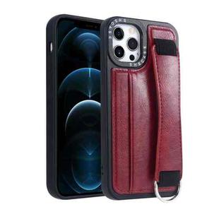 For iPhone 12 Pro Max Photo Frame Card Wallet Wrist Strap Holder Back Cover Phone Case(Red)