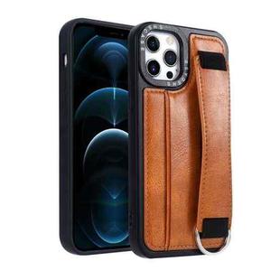 For iPhone 12 Pro Max Photo Frame Card Wallet Wrist Strap Holder Back Cover Phone Case(Brown)