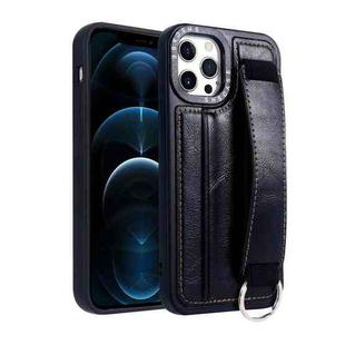 For iPhone 12 Pro Photo Frame Card Wallet Wrist Strap Holder Back Cover Phone Case(Black)