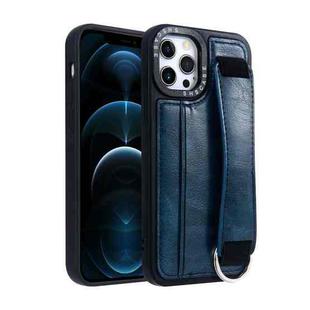 For iPhone 12 Pro Photo Frame Card Wallet Wrist Strap Holder Back Cover Phone Case(Royal Blue)