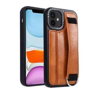 For iPhone 11 Photo Frame Card Wallet Wrist Strap Holder Back Cover Phone Case(Brown)
