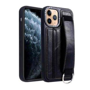 For iPhone 11 Pro Photo Frame Card Wallet Wrist Strap Holder Back Cover Phone Case(Black)