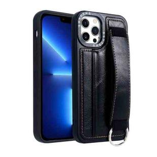 For iPhone 13 Pro Max Photo Frame Card Wallet Wrist Strap Holder Back Cover Phone Case(Black)