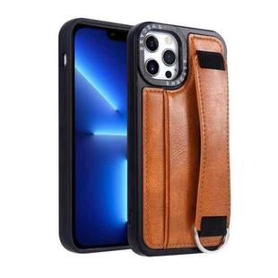 For iPhone 13 Pro Max Photo Frame Card Wallet Wrist Strap Holder Back Cover Phone Case(Brown)