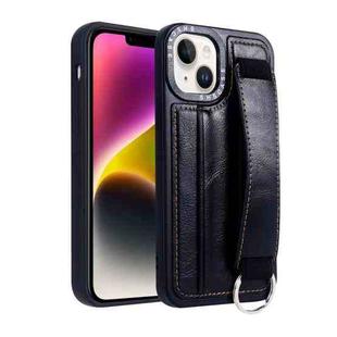 For iPhone 14 Plus Photo Frame Card Wallet Wrist Strap Holder Back Cover Phone Case(Black)