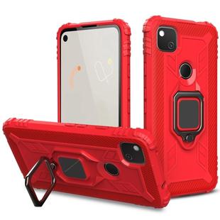 For Google Pixel 4a Carbon Fiber Protective Case with 360 Degree Rotating Ring Holder(Red)