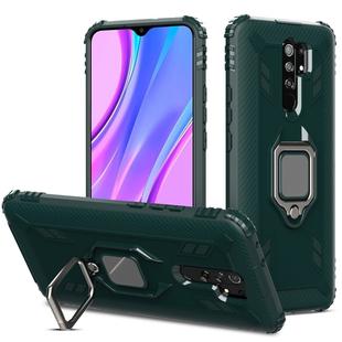 For Xiaomi Redmi 9 Carbon Fiber Protective Case with 360 Degree Rotating Ring Holder(Green)