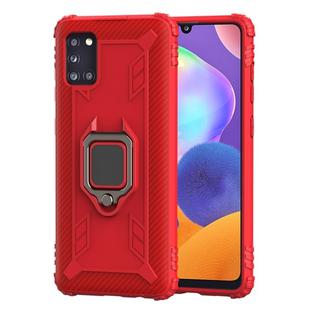 For Samsung Galaxy A31 Carbon Fiber Protective Case with 360 Degree Rotating Ring Holder(Red)