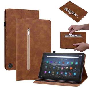 For Amazon Fire Max 11 Skin Feel Solid Color Zipper Leather Tablet Case(Brown)