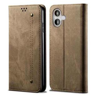 For iPhone 16 Plus Denim Texture Casual Style Horizontal Flip Leather Case(Khaki)