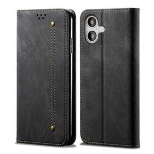 For iPhone 16 Plus Denim Texture Casual Style Horizontal Flip Leather Case(Black)