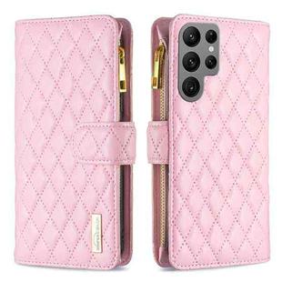 For Samsung Galaxy S24 Ultra 5G Diamond Lattice Zipper Wallet Leather Flip Phone Case(Pink)