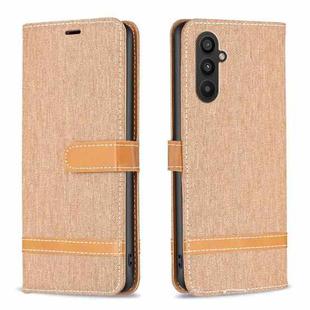 For Samsung Galaxy A25 5G Color Block Denim Texture Leather Phone Case(Brown)