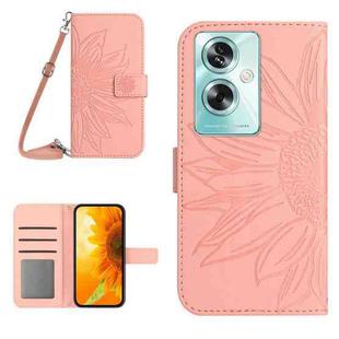 For OPPO A59 5G Skin Feel Sun Flower Embossed Flip Leather Phone Case with Lanyard(Pink)