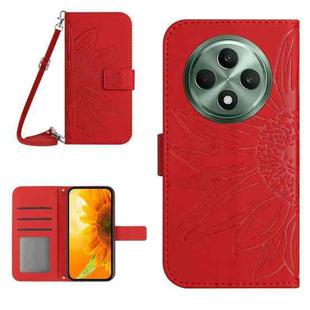 For OPPO Reno12 F 5G Global Skin Feel Sun Flower Embossed Flip Leather Phone Case with Lanyard(Red)