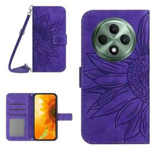 For OPPO Reno12 F 5G Global Skin Feel Sun Flower Embossed Flip Leather Phone Case with Lanyard(Dark Purple)