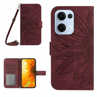 For OPPO Reno13 Global Skin Feel Sun Flower Embossed Flip Leather Phone Case with Lanyard(Wine Red)