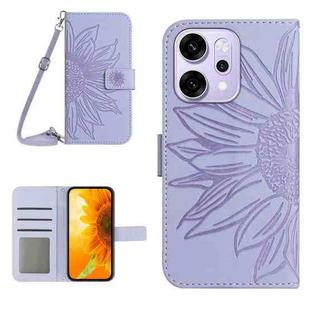 For OPPO Reno14 5G Global Skin Feel Sun Flower Embossed Flip Leather Phone Case with Lanyard(Purple)