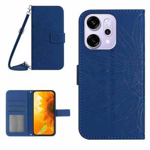 For OPPO Reno14 5G Global Skin Feel Sun Flower Embossed Flip Leather Phone Case with Lanyard(Dark Blue)