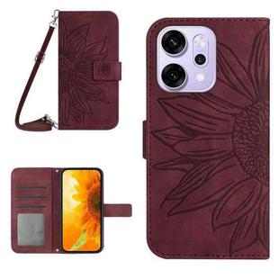 For OPPO Reno14 5G Global Skin Feel Sun Flower Embossed Flip Leather Phone Case with Lanyard(Wine Red)