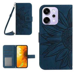 For OPPO Reno14 5G Global Skin Feel Sun Flower Embossed Flip Leather Phone Case with Lanyard(Inky Blue)