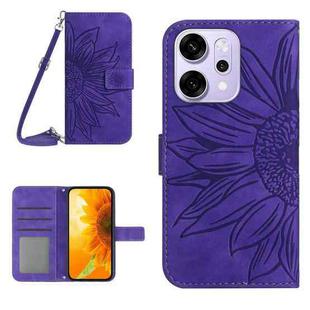 For OPPO Reno14 5G Global Skin Feel Sun Flower Embossed Flip Leather Phone Case with Lanyard(Dark Purple)