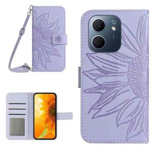 For OPPO A5x 4G Global / 5G Global Skin Feel Sun Flower Embossed Flip Leather Phone Case with Lanyard(Purple)