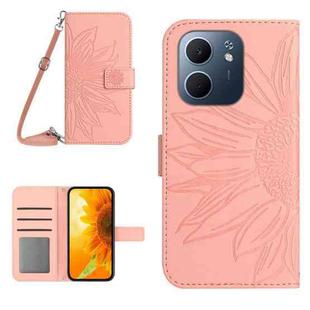 For OPPO A5x 4G Global / 5G Global Skin Feel Sun Flower Embossed Flip Leather Phone Case with Lanyard(Pink)