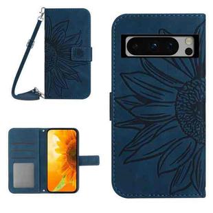 For Google Pixel 8 Pro Skin Feel Sun Flower Embossed Flip Leather Phone Case with Lanyard(Inky Blue)