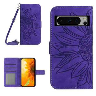 For Google Pixel 8 Pro Skin Feel Sun Flower Embossed Flip Leather Phone Case with Lanyard(Dark Purple)